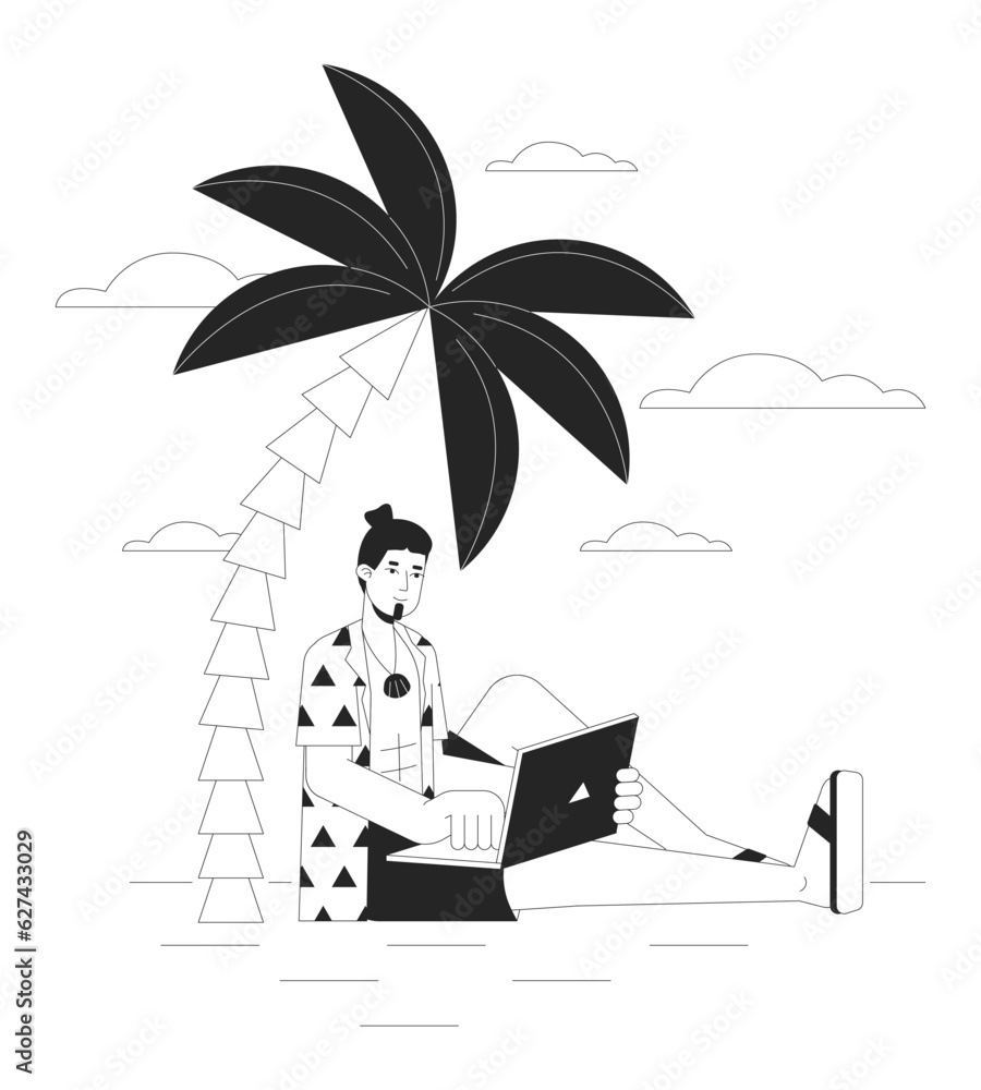 Poster freelancer on vacation bw concept vector spot illustration. caucasian man with laptop working 2d car