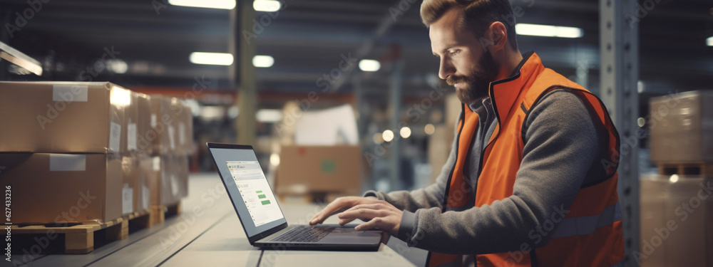 Poster portrait of employee with laptop coordinates delivery in industrial warehouse.running servers in dat
