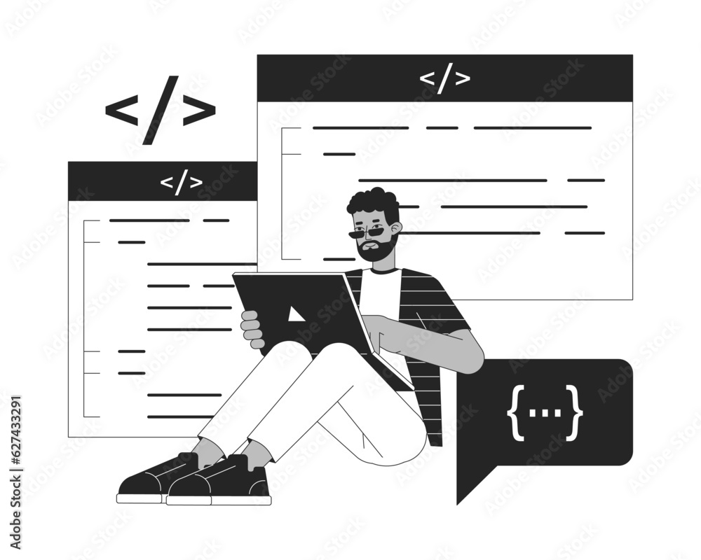 Poster programmer sitting with laptop bw concept vector spot illustration. freelancer 2d cartoon flat line 