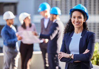 Happy woman, portrait and architect in construction, leadership or team management with arms...