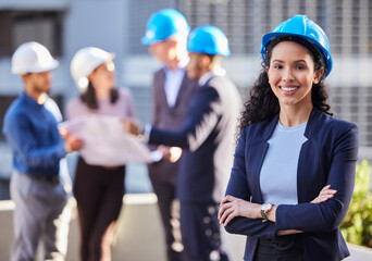 Happy woman, portrait and architect in construction, leadership or team management with arms crossed on site. Confident female person, engineer or manager with hard hat for industrial architecture