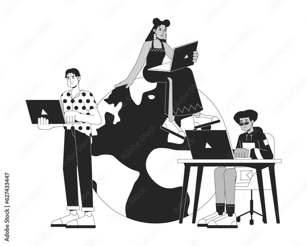 Poster ability to work everywhere bw concept vector spot illustration. freelancers remote work 2d cartoon f