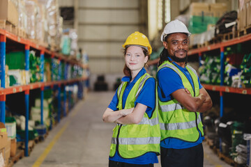 smart confident warehouse worker team portrait standing together happy smiling for industry labor enjoy working teamwork