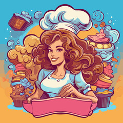 Pastry chef woman making creamy cakes. Cartoon vector illustration. 