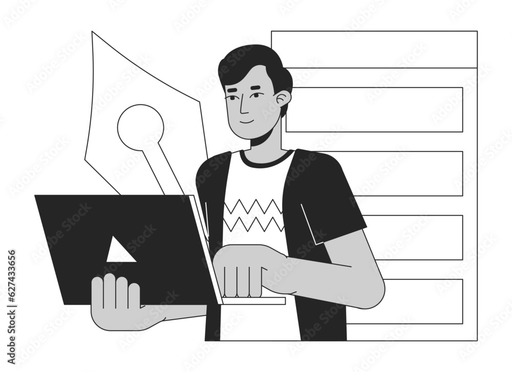 Poster handsome indian man typing on laptop bw concept vector spot illustration. user interface designer 2d