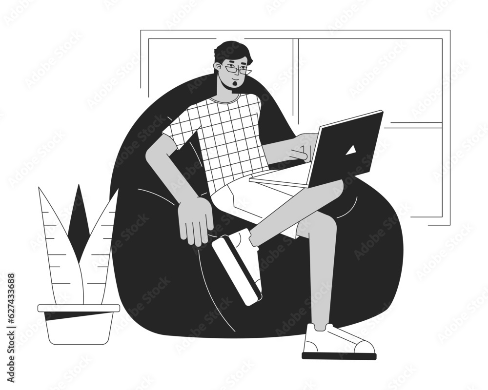 Poster muslim freelancer working at home bw concept vector spot illustration. remote work 2d cartoon flat l