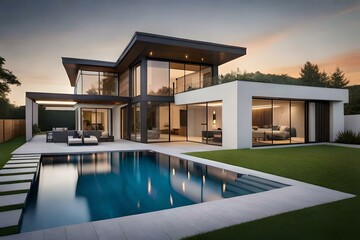 Fototapeta na wymiar Beautiful Exterior of New Luxury Home at Twilight with swimming pool