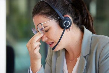 Customer support, call center burnout or business woman stress over help desk mistake, networking...