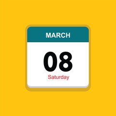 saturday 08 march icon with black background, calender icon