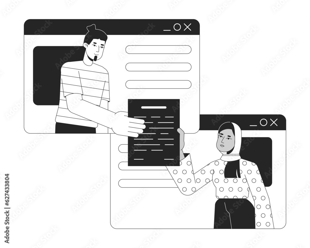 Aufkleber man hands over document to woman bw concept vector spot illustration. freelancers in browser window 