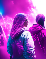 Portrait of a young woman standing with her back at a party. She's wearing a hoodie. Generative AI