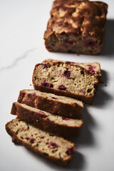 Homemade Cranberry banana bread. Made with ripe bananas and fresh cranberries with walnuts. 