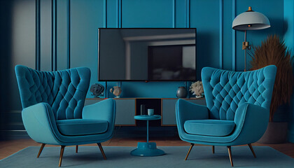 The two armchairs in the blue living room are arranged in front of the television. The idea of sitting down as a household to watch television and movies on the internet, Ai generated image