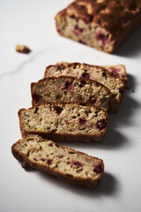 Homemade Cranberry banana bread. Made with ripe bananas and fresh cranberries with walnuts. 
