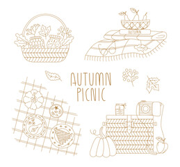 Cozy autumn picnic scene with blanket, basket, fruit, berry, for card, banner, post. Line Vector illustrations of fall rustic wedding