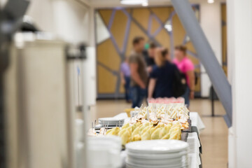 Business breakfast during the conference. Coffee break for businessmen. Place for text