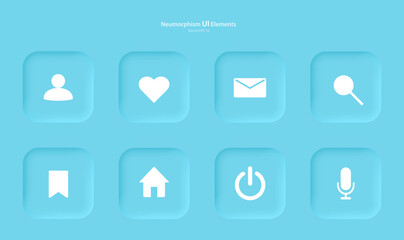 Set of buttons for designing user interface in blue. Elements, icons for mobile devices in the style of neumorphism, UI, UX. Set of icons for user interface development. EPS 10 vector.
