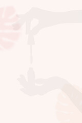 silhouette mock up for cosmetics and hands made from shadow on the wall. Shadows from female hands hold lipstick lip gloss brush and bottle. Concept of minimalism and skin care on white background. 