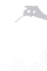 silhouette mock up for cosmetics and hands made from shadow on the wall. Shadows from female hands hold lip gloss brush. Concept of minimalism and skin care on white background. Black and White.