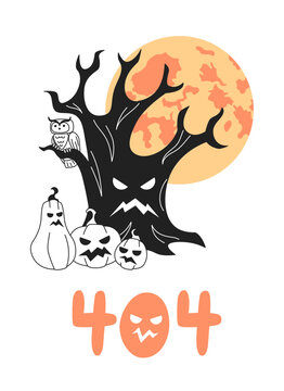 Halloween tree with scary pumpkins, full moon black white error 404 flash message. Monochrome empty state ui design. Page not found popup cartoon image. Vector flat outline illustration concept