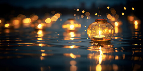 Paper lanterns float on dark water. Traditional Floating Lantern Festival, Memorial Day. Generative AI illustration