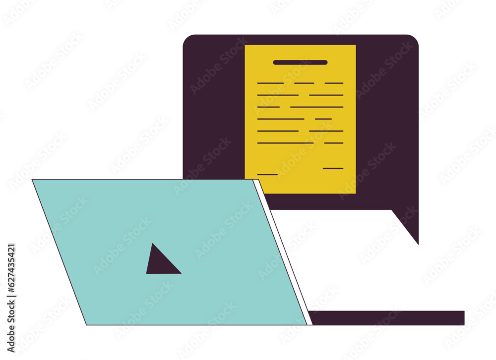 Poster notification message on laptop flat line color isolated vector object. laptop computer office. edita