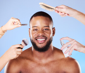Self care, beauty and portrait of a man with products in a studio for natural, face and grooming...