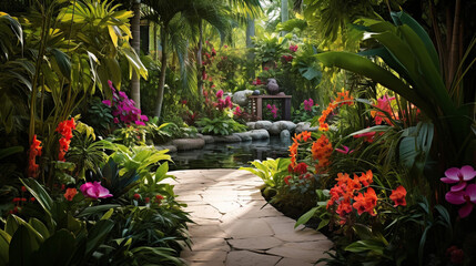 Fototapeta na wymiar A lush tropical garden featuring exotic plants, palm trees, and tropical-themed garden decor Generative AI