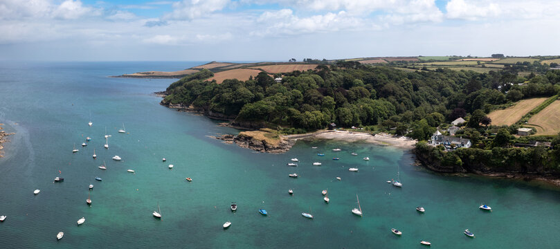 Aerial view of the Cornish village of Gillan Cove near Flushing in Cornwall