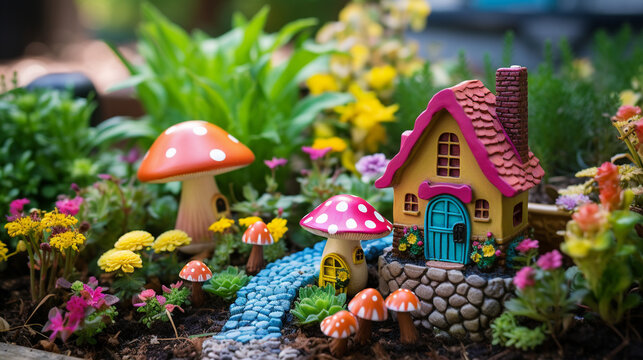 A whimsical fairy garden adorned with tiny houses, colorful mushrooms, and miniature garden decor Generative AI