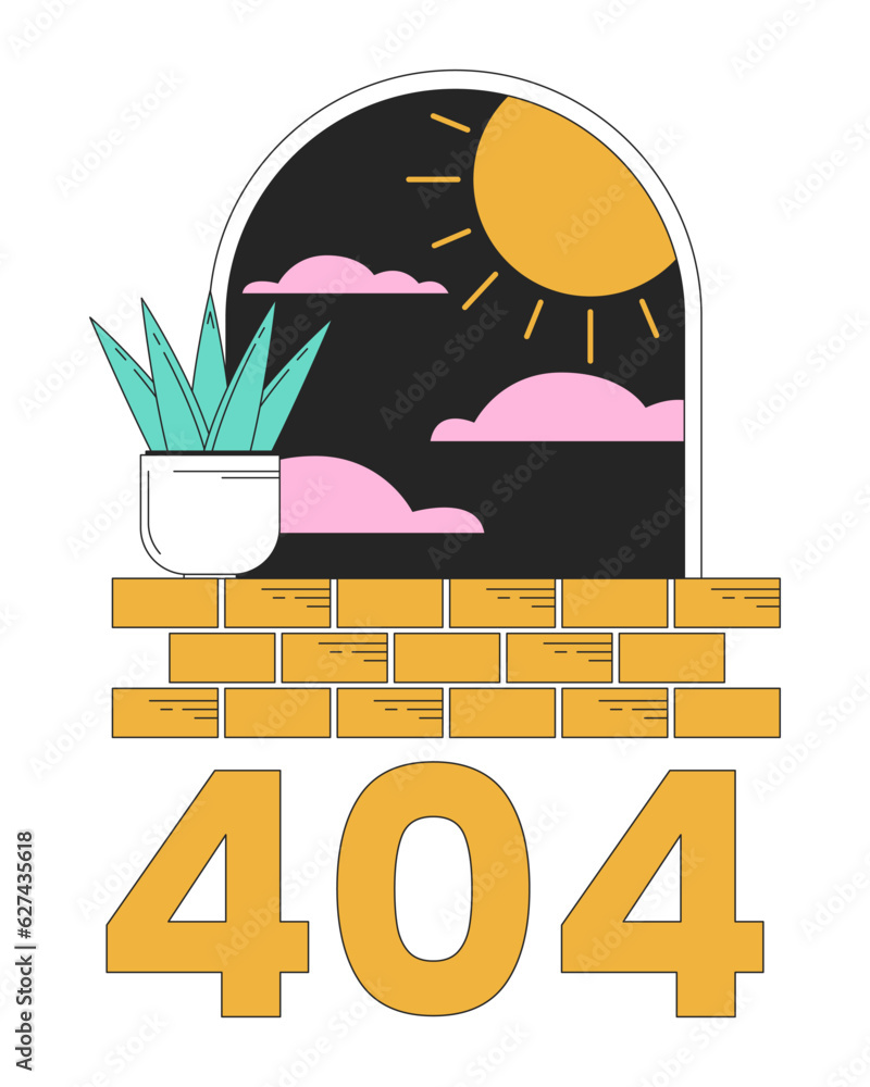Poster surreal arch with plant on windowsill error 404 flash message. night sun. surrealizm. empty state ui