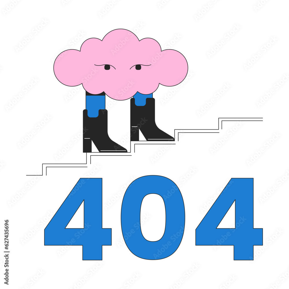Poster surreal cloud walking in boots error 404 flash message. cumulus climbing stairs. dream. empty state 