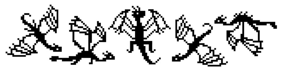 Fototapeta premium Big set with monochrome pixel dragons flying silhouettes isolated on white. Pixel art style design for new year 2024 package, home textile, embroidery, clipart, sticker, poster, apparel fabric, print.