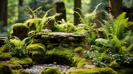 An enchanting woodland garden with ferns, moss-covered rocks, and woodland-themed garden decor Generative AI