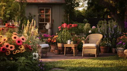 A cottagecore-inspired garden with wildflowers, cozy seating nooks, and cottagecore garden decor Generative AI