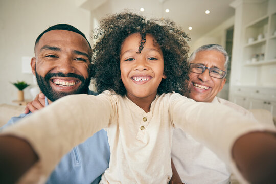 Selfie of dad, grandfather and boy child in home for love, profile picture and quality time together. Face portrait of young kid with photography of family generations, memory or smile on fathers day
