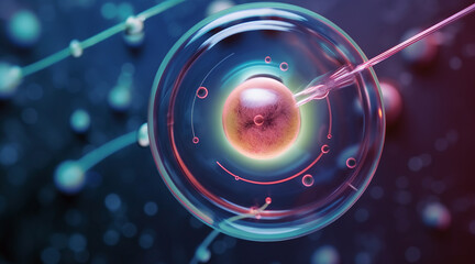 IVF, In vitro fertilisation. Fertilized egg cell and needle realistic illustration