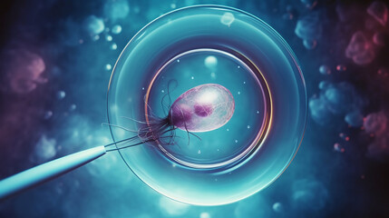IVF, In vitro fertilisation. Fertilized egg cell and needle realistic illustration