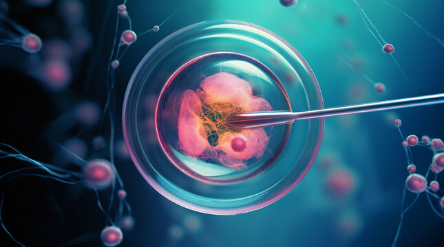 IVF, In vitro fertilisation. Fertilized egg cell and needle realistic illustration