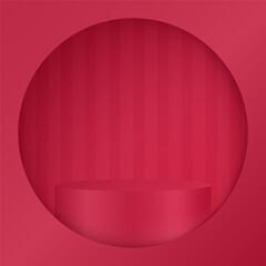 3d mockup of a cylindrical podium or pedestal for a product. Red display stage. Background with stripes. Cylinder showing through a round window