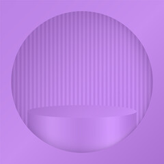 3d mockup of a cylindrical podium or pedestal for a product. Purple display stage. Violet background with thin lines. Cylinder showing through a round window