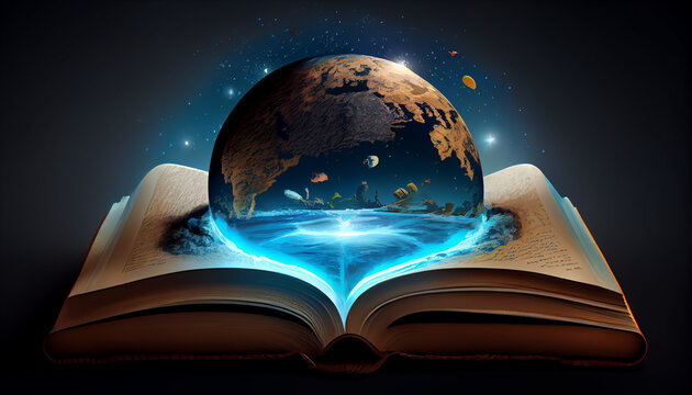 illustration of the world over a book, symbol for the knowledge of the world, Ai generated image