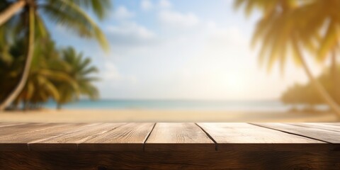 AI Generated. AI Generative. Empty wooden table mockup vacation palms. Outdoor relaxing island nature landscape vibe