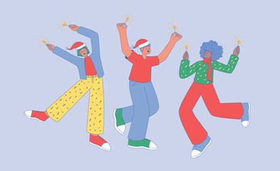 Christmas Party with Sparklers. People in red Hats Celebrate Xmas. New Year Celebration. Vector Flat Illustration.
