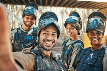 Paintball team, happy selfie and group together, smile and happiness for action game, army mission...