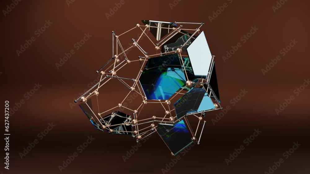 Poster loop 3d animation of a fantastic background of floating segments with a mysterious crystal in the ce