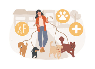 Pet services isolated concept vector illustration. Pet sitting and boarding services, animal care services, dog walking, grooming salon, daycare and attention, transportation vector concept.