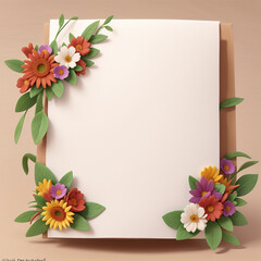 Holiday postcard template. Festive layout with flowers and blank paper. Flat lay, space for placing text, top view., AI generation