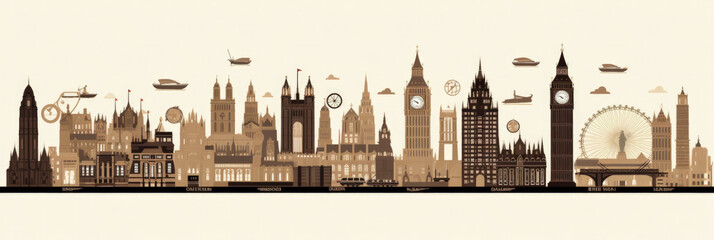 London city panorama, urban landscape with modern buildings. Business travel and travelling of landmarks. Illustration, web background. Skyscraper silhouette. United Kingdom - Generative AI