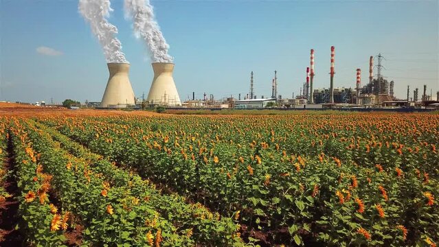 Oil refinery With Smoke chimney Factory with Sunflower field Aerial